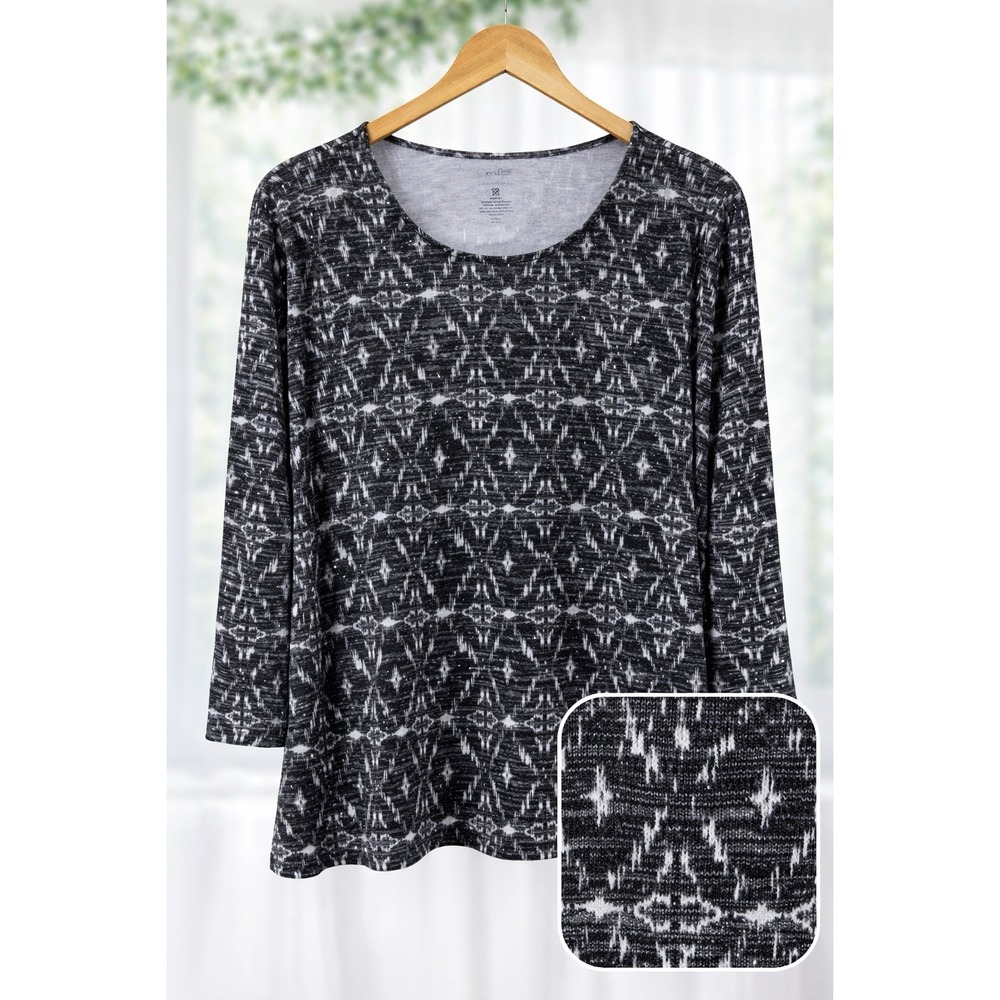 Croft & Barrow Tee Top Stretch Knit Charcoal Gray Print‎ 3/4 Sleeve Size 3X